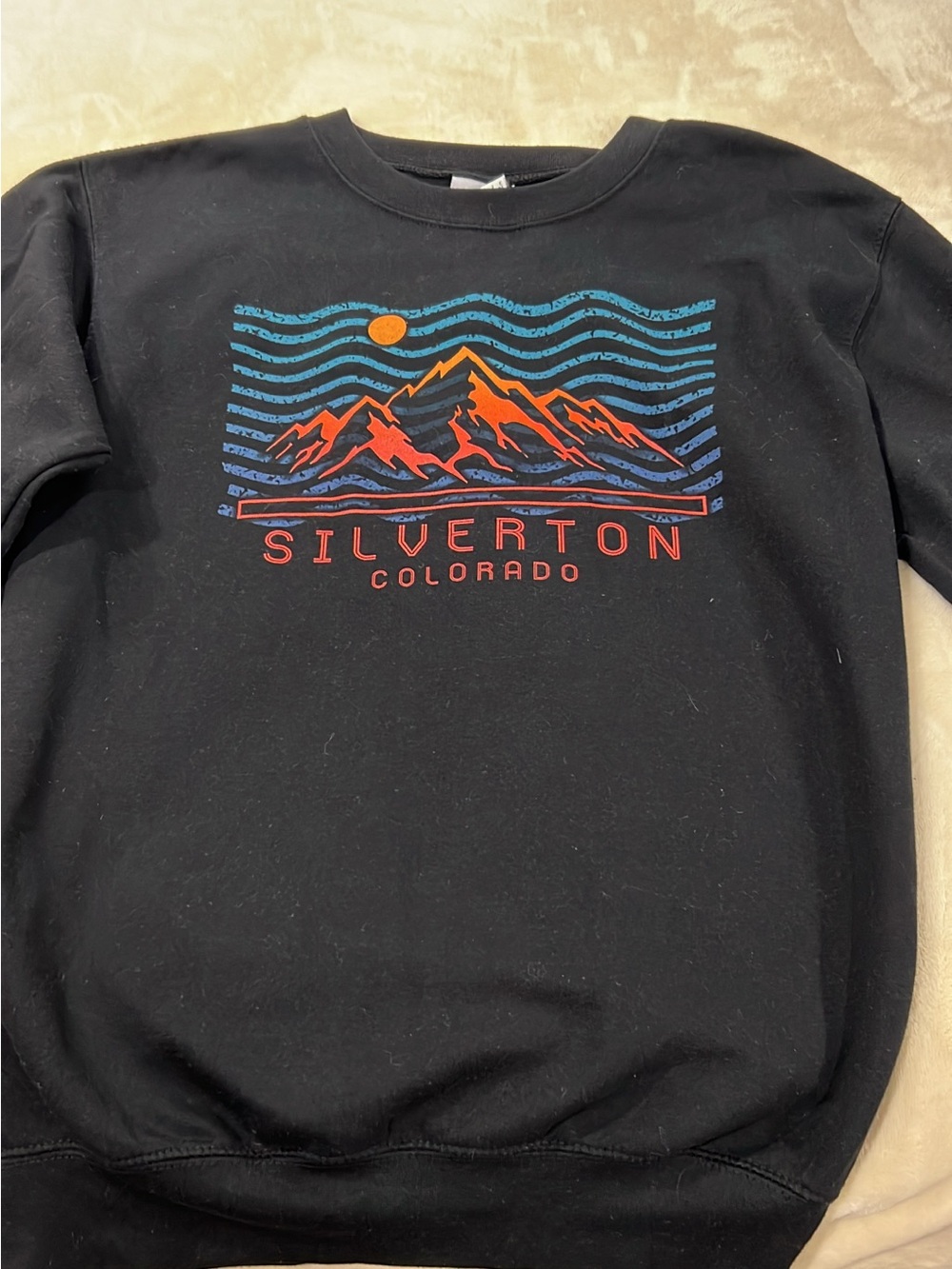 Bella Canvas Black Crewneck with Orange & Blue Mountain Graphic